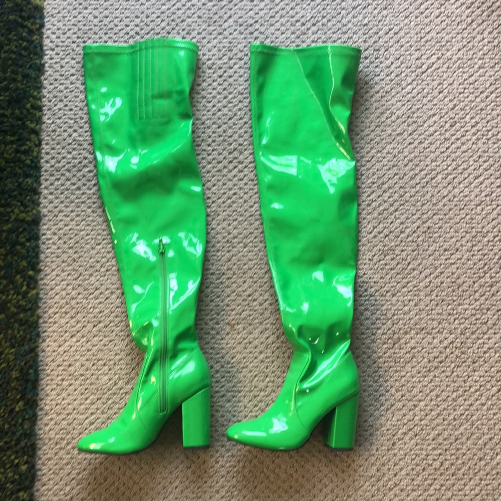 Neon Green Current Mood Thigh High Patent Leather Heeled Boots